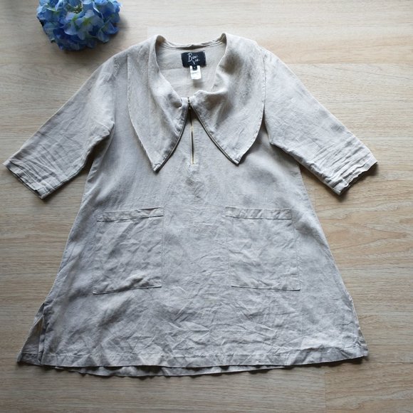 Beni Vie 100%Linen Lagenlook Tunic Top Pocket Natural Fabric Beige S Made in USA - Picture 6 of 10
